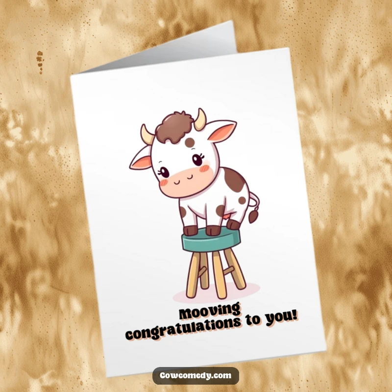 Funny Free Printable Congratulations Card: A determined cow wobbling on a tiny stool, celebrating your success with a precarious pose.