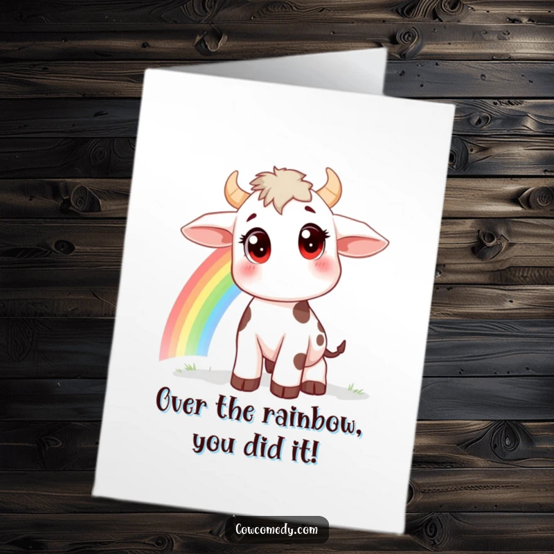 Funny Free Printable Congratulations Card: Little cow with large eyes, watching a rainbow shine, celebrating achievement, ideal for DIY congrats.