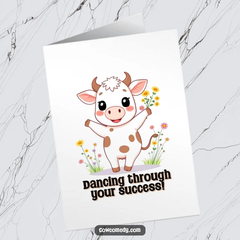 Funny free printable congratulations card featuring a happy cow with a wide smile, dancing with a bouquet of wildflowers.