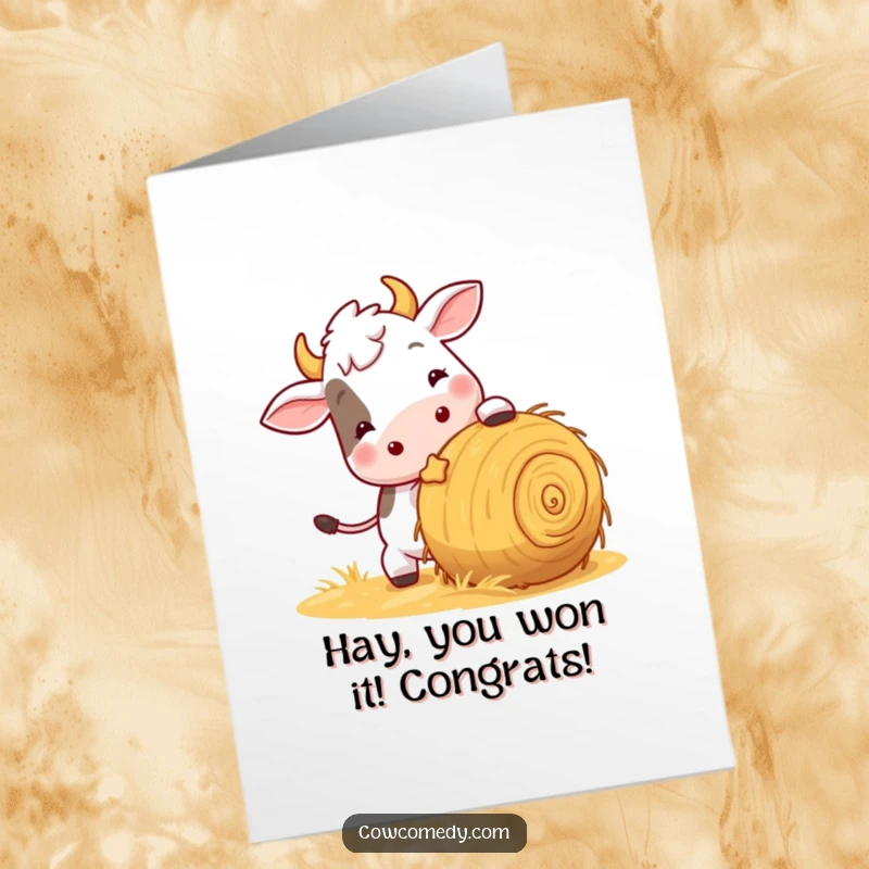 Funny Free Printable Congrats Card: A playful cow enthusiastically nudging a ball of hay, celebrating achievement.
