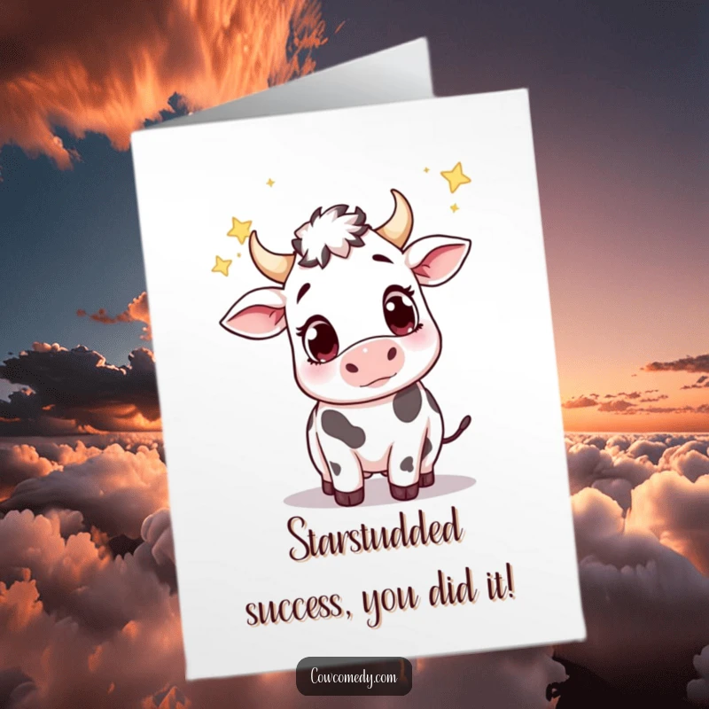 Funny free printable congratulations card showing a cute cow gazing upwards, trying to catch falling stars with wonder.