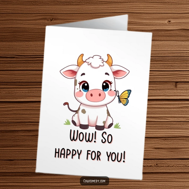 Funny Free Printable Congratulations card featuring a cute cow with wide, curious eyes observing a delicate butterfly.
