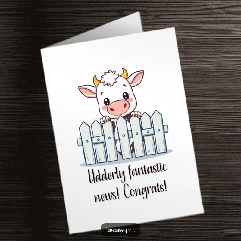 Funny Free Printable Congrats Card: A curious cow with a mischievous look peeking over a fence, celebrating success.