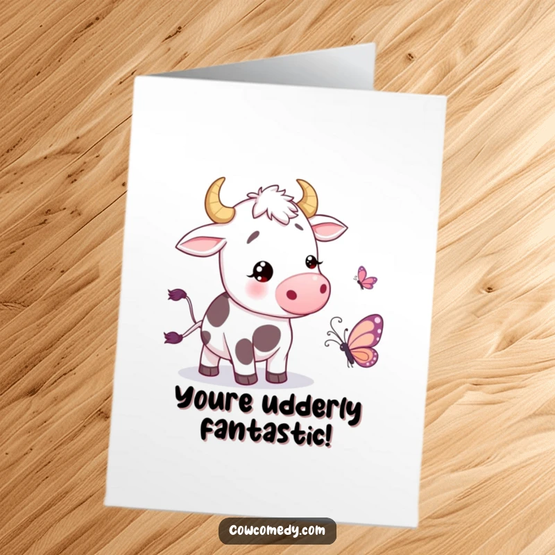 Funny Free Printable Congratulations Card featuring a cow with a merrily wiggling tail, celebrating good news.