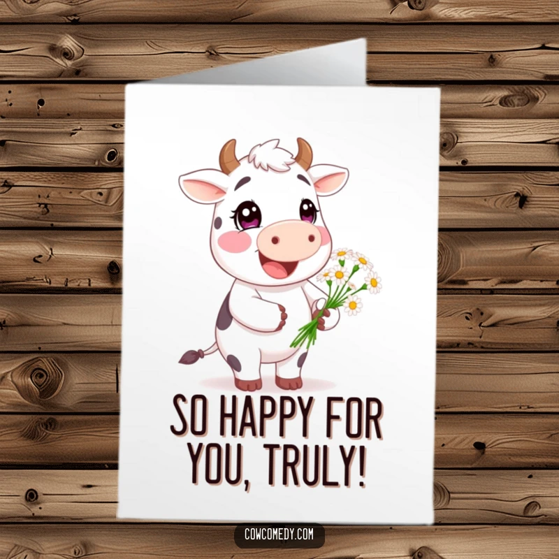 Funny Free Printable Congratulations card showing a happy cow character presenting a delightful small bouquet of daisies.