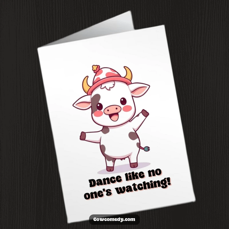 Funny Free Printable Congratulations Card: A kawaii cow joyfully dancing while wearing a funny, silly hat, radiating happiness.