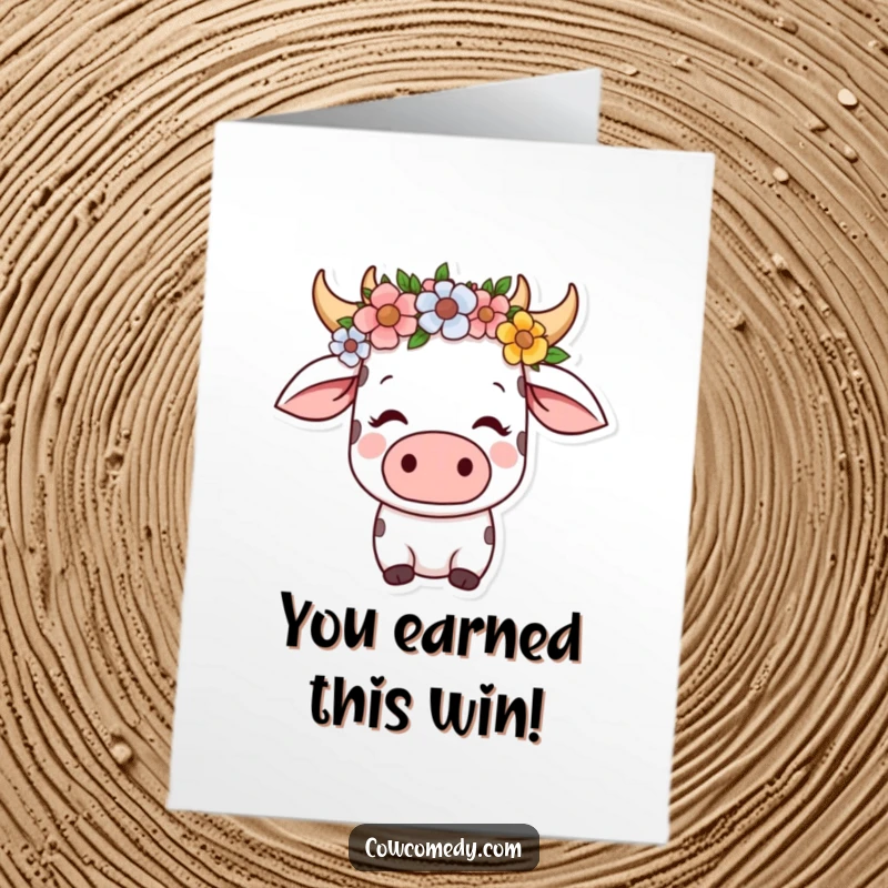 Funny Free Printable Kawaii Cow Congratulations Card, wearing a flower crown, looking serene and content, celebrating success peacefully.