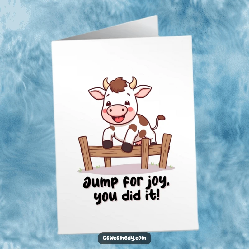 Funny Free Printable Congratulations Card: A kawaii cow energetically leaping over a small, decorative fence.