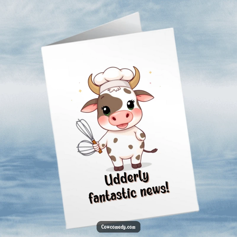 Funny Free Printable Congratulations Card: Silly cow chef with whisk, celebrating accomplishments with baking humor.