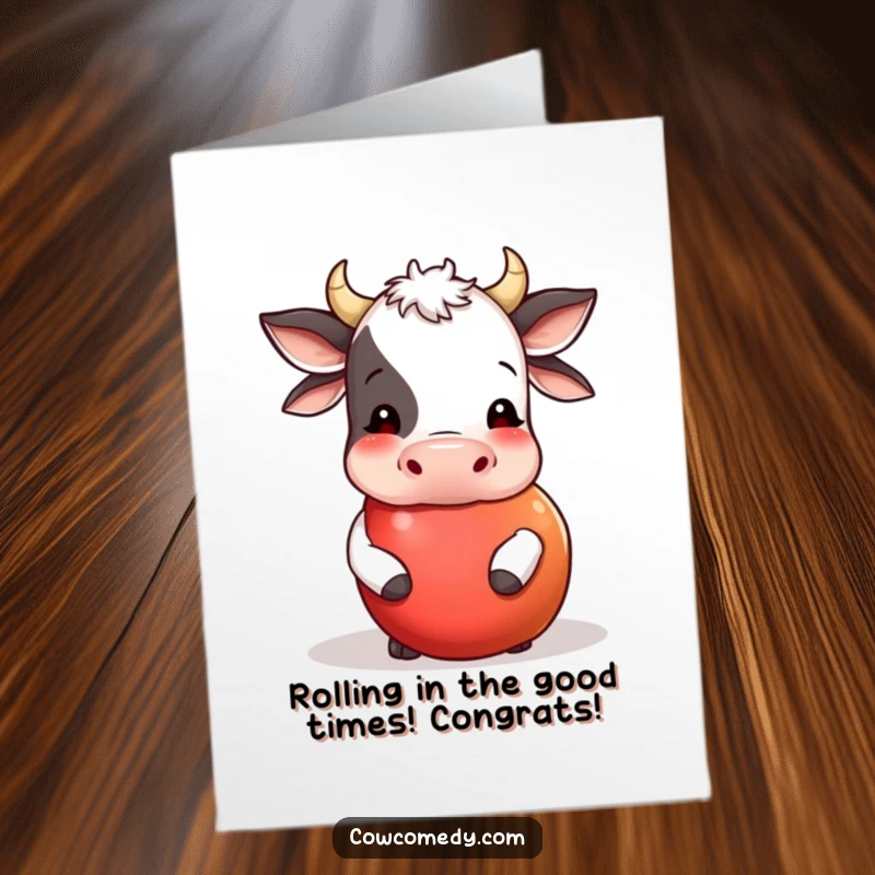 Funny Free Printable Congratulations Card: A cow playfully nudges a large, round apple as it rolls along.