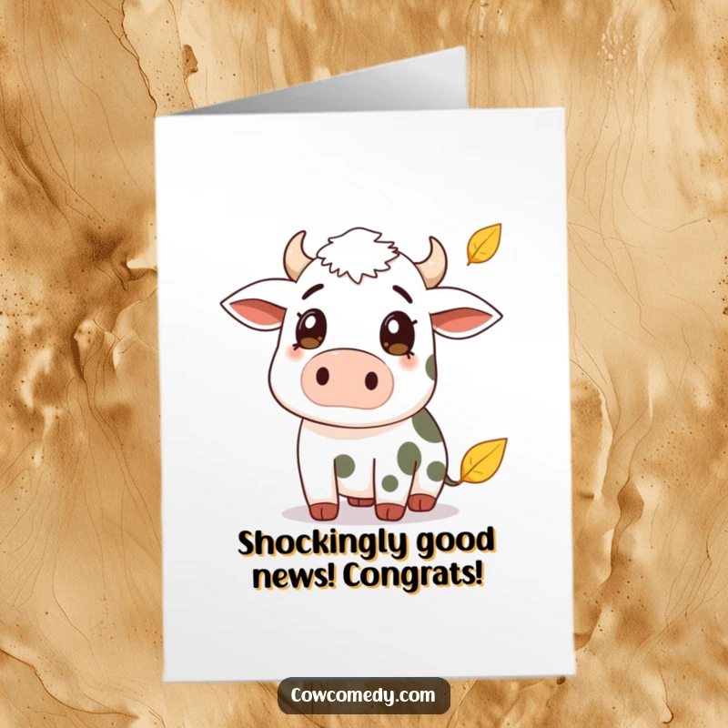 Funny Free Printable Congratulations Card: A cow has a surprised expression as a leaf drifts down from the sky.