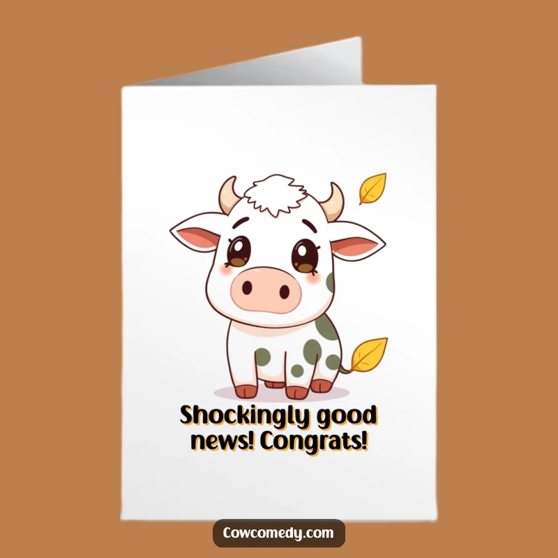 Free Printable Congratulations Card: Surprised Cow & Leaf for Unexpected Joy
