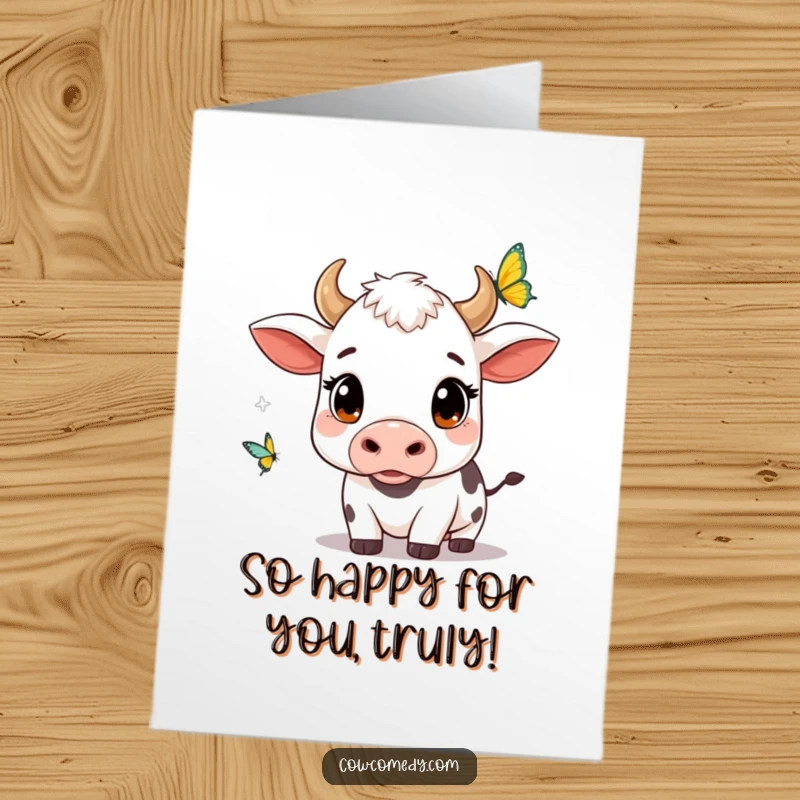 Funny Free Printable Kawaii Cow Congratulations Card, wide curious eyes, watching a butterfly, celebrating their amazing achievement.