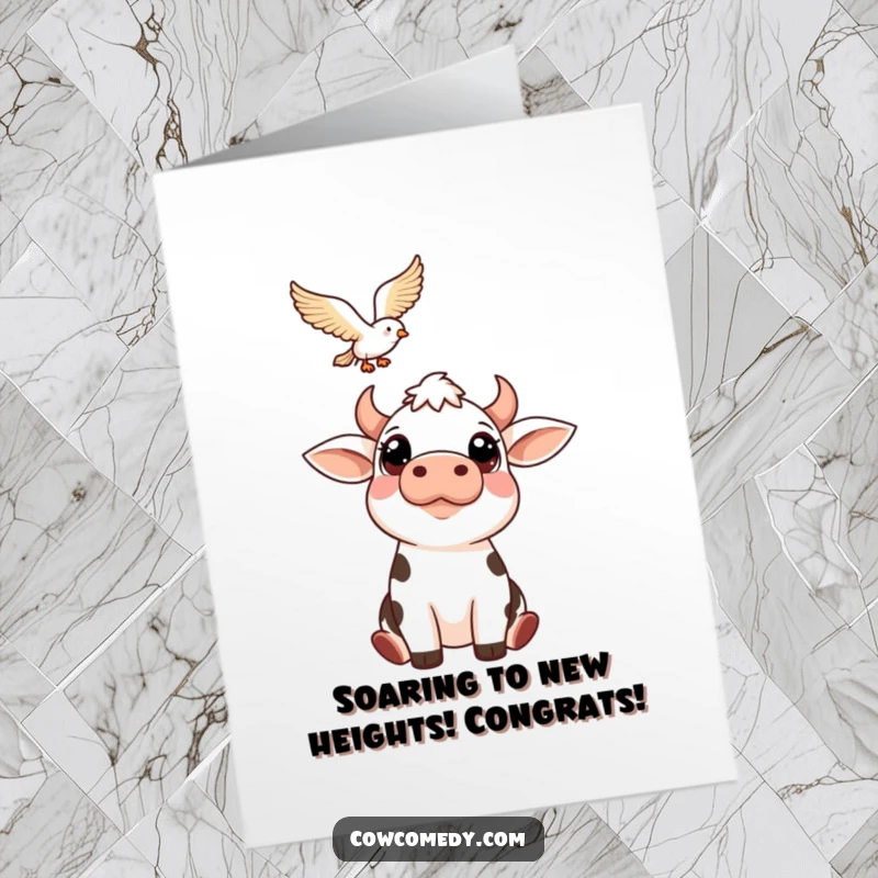 Funny Free Printable Congratulations Card: A cow looks up with wonder at a bird soaring gracefully in the sky.