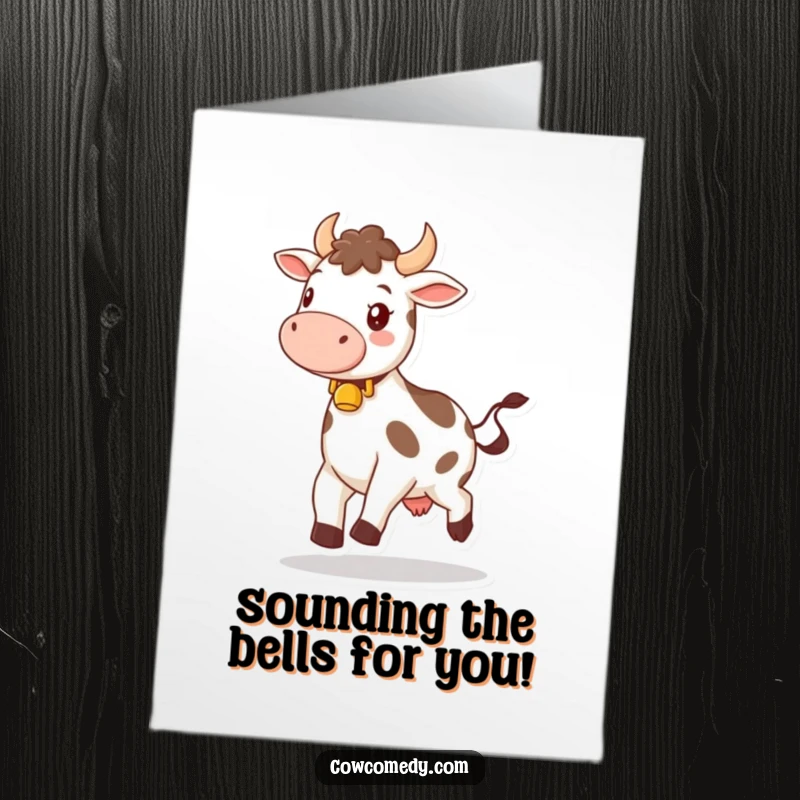 Funny Free Printable Congratulations Card: A happy cow with a bell around its neck skipping with pure delight, celebrating your milestone.