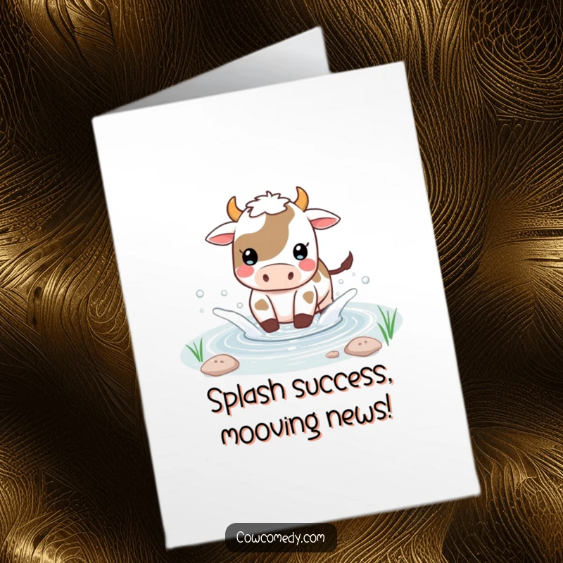 Funny Free Printable Congratulations Card: Kawaii cow playfully splashing in a small pond, celebrating success with aquatic glee.