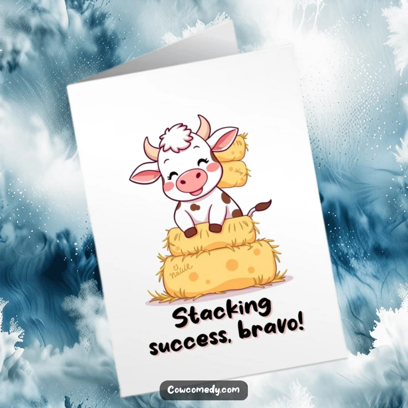Funny Free Printable Congratulations Card: A giggling cow hilariously trying to balance a stack of hay bales.