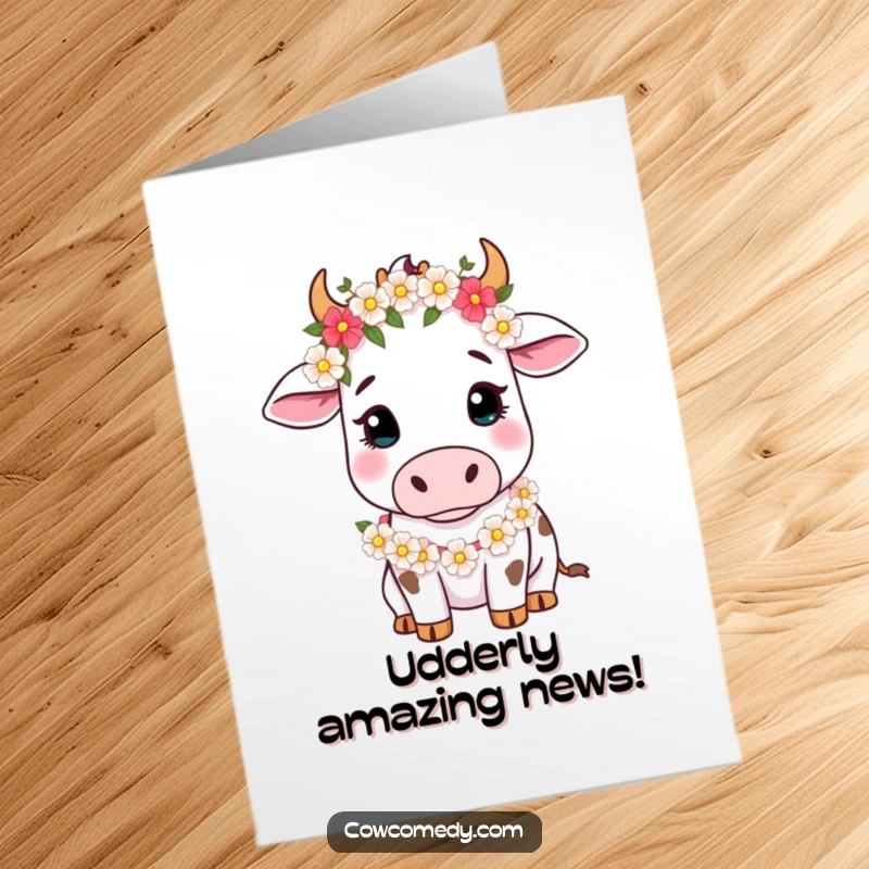 Funny Free Printable Congratulations Card showcasing a sweet cow adorned with a floral garland, ideal for joyous news.