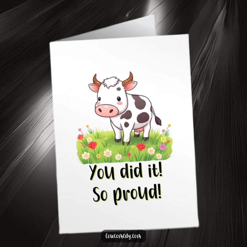 Funny Free Printable Congrats Card: A happy cow grazing peacefully in a meadow, symbolizing calm achievements.