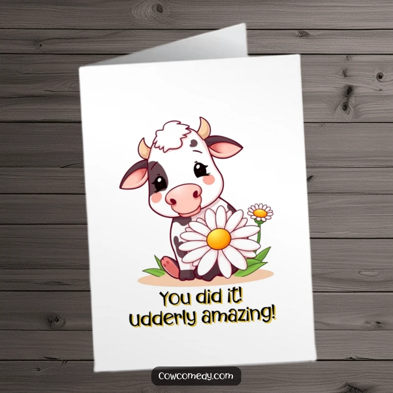 Funny Free Printable Congratulations Card: A cow serenely enjoys a huge daisy, celebrating your wonderful news.