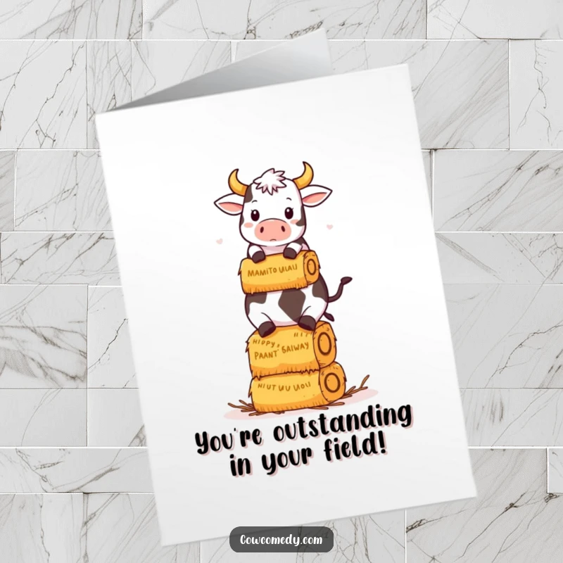 Funny Free Printable Congrats Card: Kawaii cow masterfully balancing hay bales, cheering for your success.