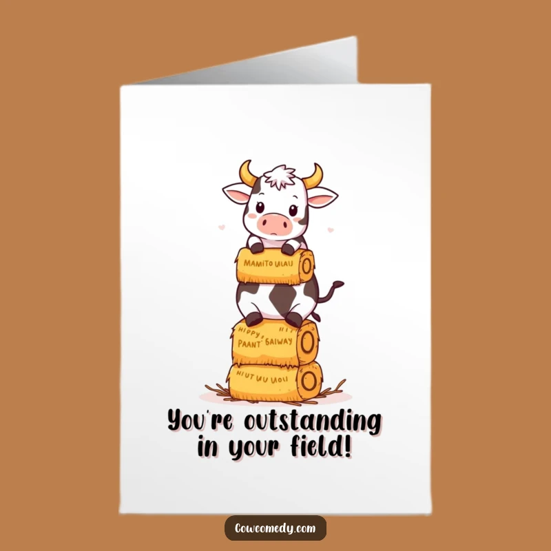 Free Printable Kawaii Cow Congrats Card: Funny Hay Bale Cow Downloadable Gift