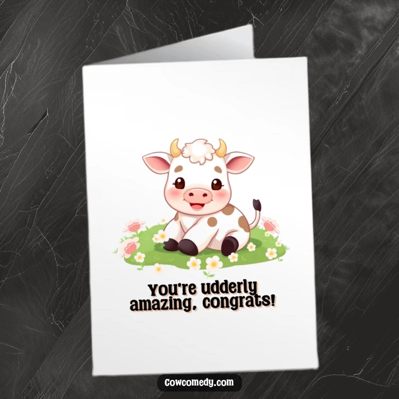 Funny Free Printable Congratulations Card: A tiny cow gleefully rolling in a lush field of soft clover.