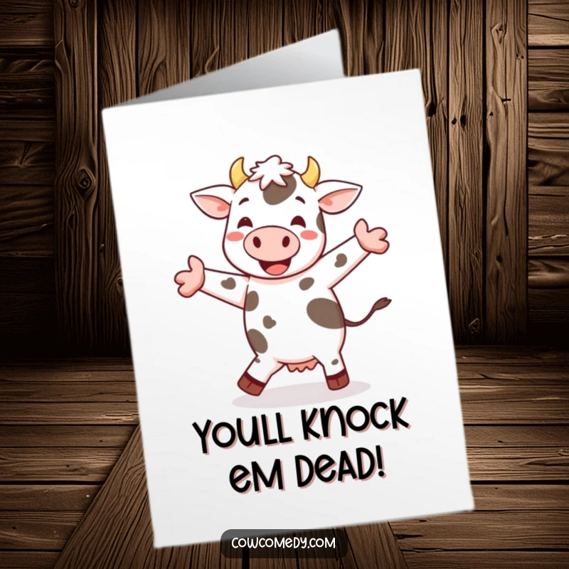 Funny Free Printable Congratulations Card: A cheerful spotted cow does a happy jig, celebrating achievements with farmyard fun.