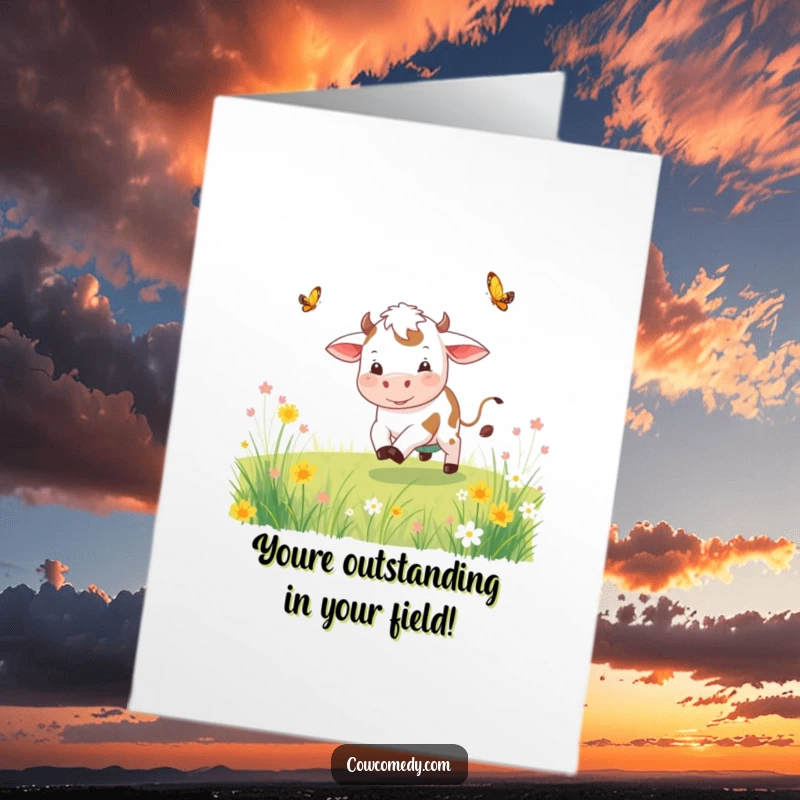 Funny Free Printable Congratulations Card: A playful cow happily chasing a butterfly through a vibrant meadow.