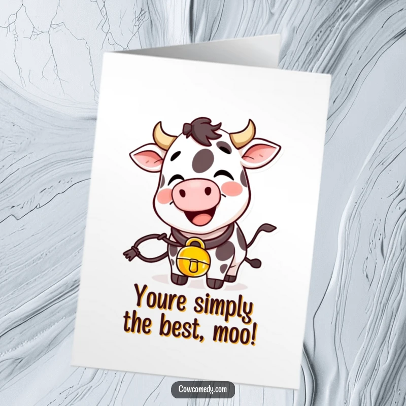 Funny Free Printable Congratulations Card: A giggling cow with a cowbell joyfully ringing to celebrate your success.