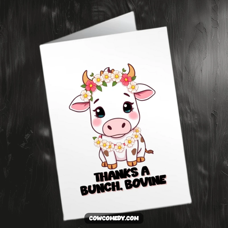Funny Free Printable Thank You Card with a charming cow wearing a flower garland, expressing sweet gratitude.