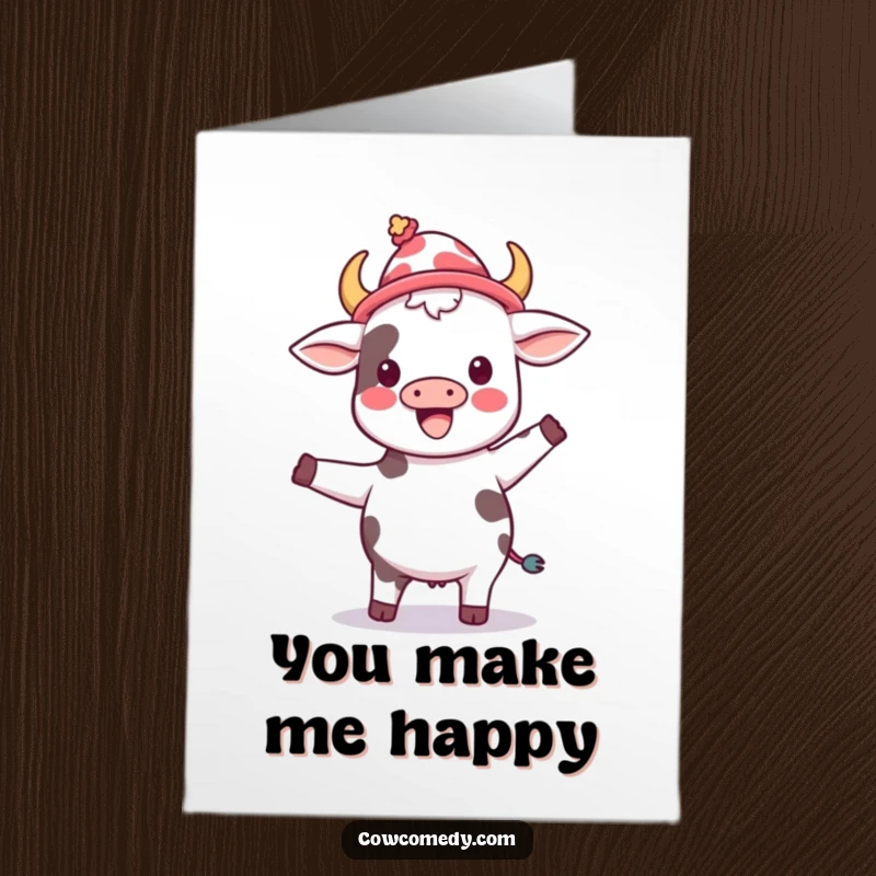 Funny Free Printable Thank You Card: Kawaii cow dancing with pure joy while wearing a silly hat, a delightful sight.
