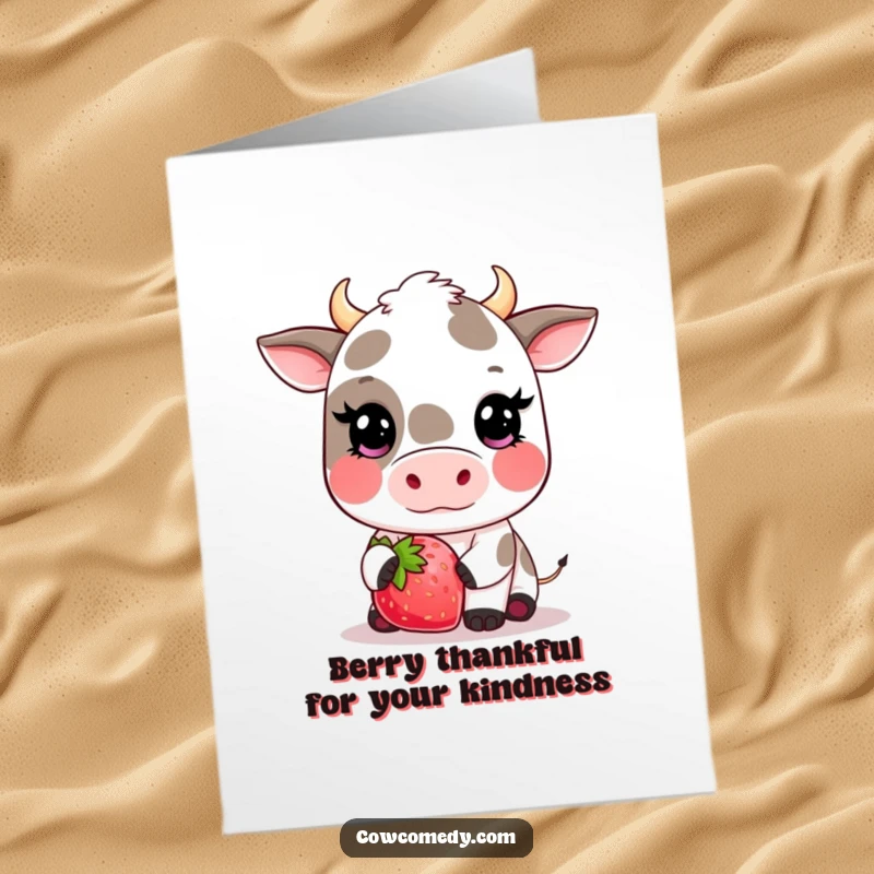 Funny Free Printable Thank You Card: Kawaii cow with exaggerated blush offering a massive strawberry.