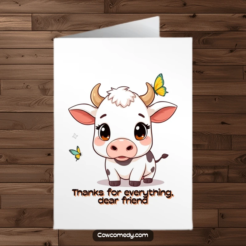 Funny Free Printable Kawaii Cow Thank You Card, wide curious eyes, watching a butterfly, perfect for showing appreciation.