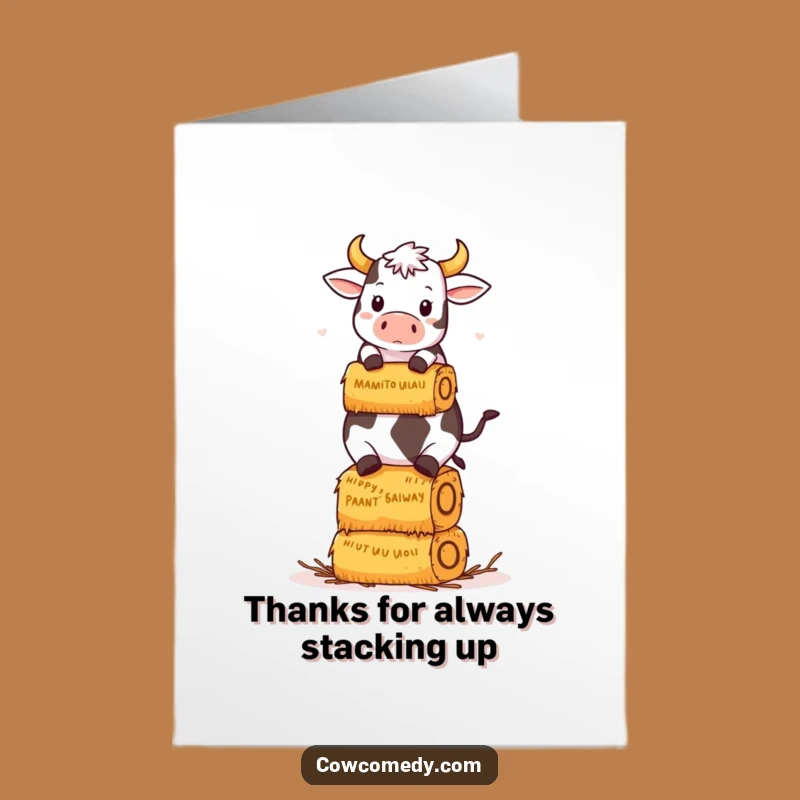 Free Printable Kawaii Cow Thank You Card: Funny Hay Bale Cow Downloadable Gift
