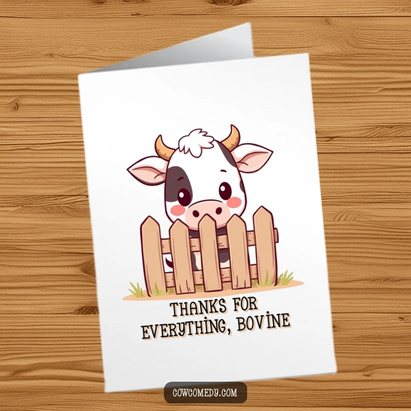 Funny Free Printable Thank You Card: A kawaii cow peeks curiously from behind a miniature cartoon fence.