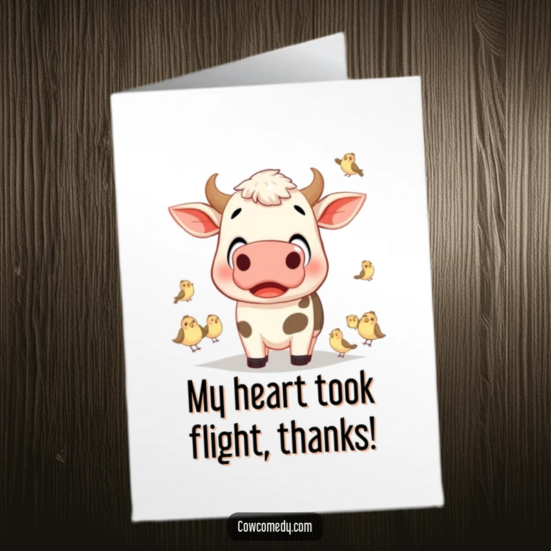 Funny Free Printable Thank You Card: Surprised cow with wide eyes, watching tiny birds, expressing thanks humorously.