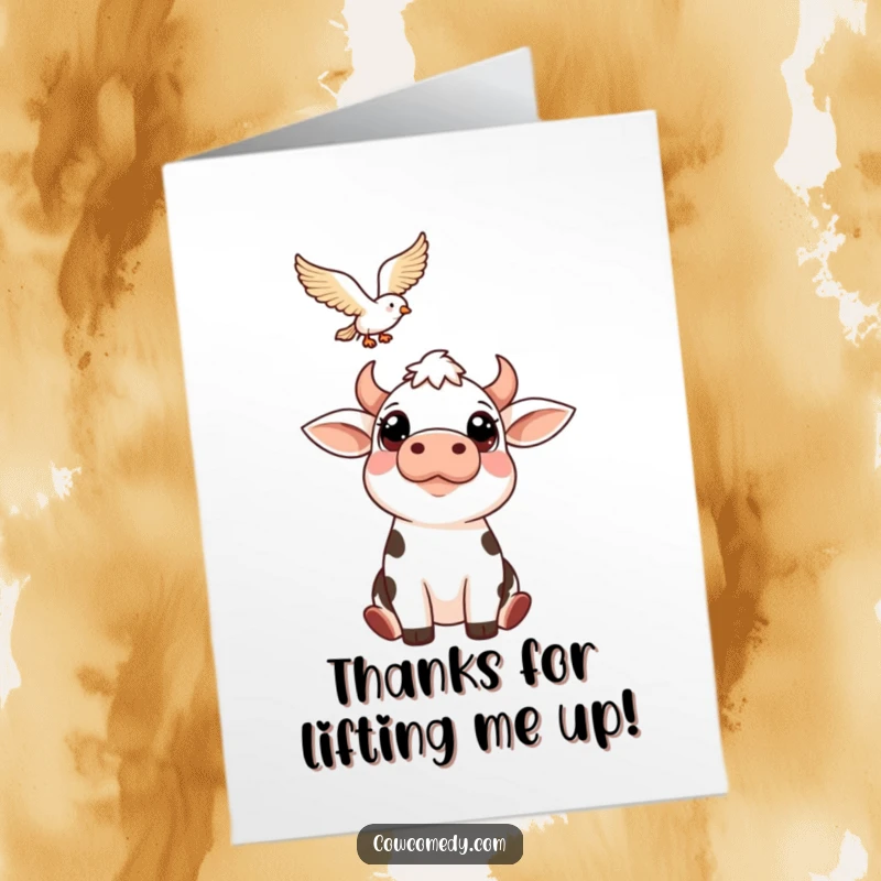 Funny Free Printable Thank You Card: A cow with gentle eyes looks up admiringly at a bird in flight.