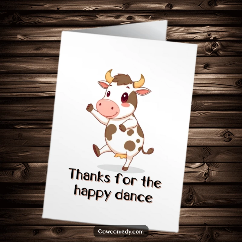 Funny Free Printable Thank You Card: Cheerful cow happily doing a jig, expressing thanks with humorous downloadable art.