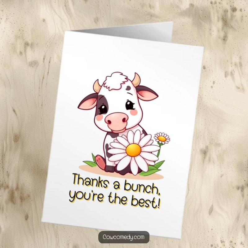 Funny Free Printable Thank You Card: A contented cow savors a giant daisy, expressing heartfelt thanks.