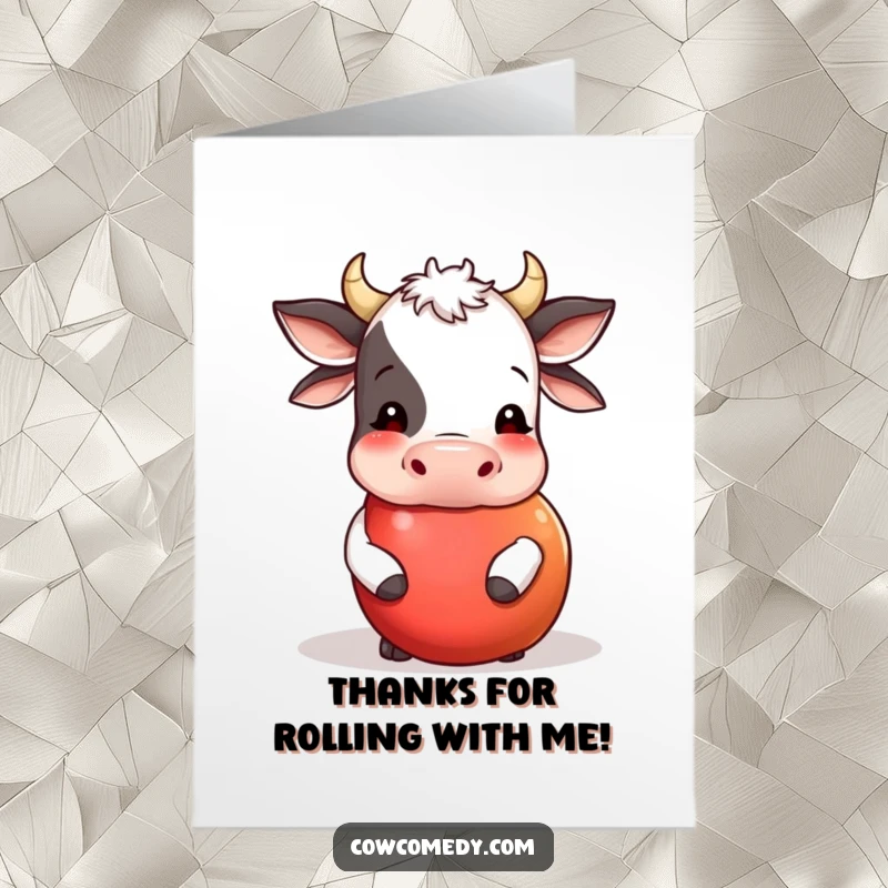 Funny Free Printable Thank You Card: A happy cow nudges a rolling apple, symbolizing a fruitful thank you.