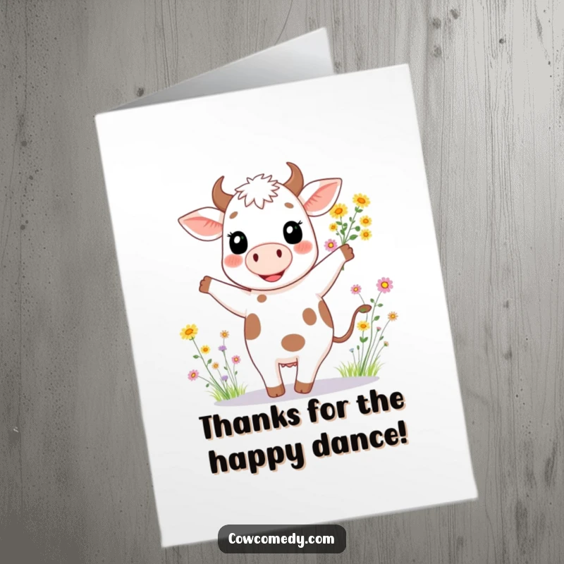 Funny free printable thank you card of a happy cow with a wide smile, dancing with a bunch of wildflowers.