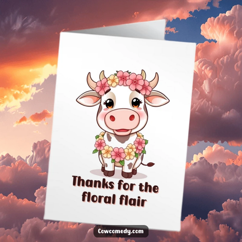 Funny Free Printable Thank You Card: Silly cow adorned with a vibrant floral garland around its head, conveying thanks humorously.