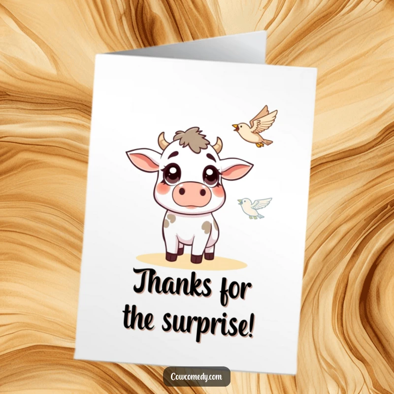 Funny Free Printable Thank You Card: Cow with wide, surprised eyes looking upwards at a flying bird.