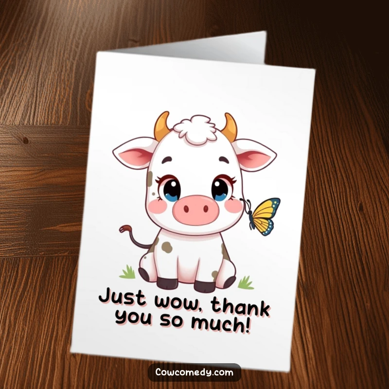 Funny Free Printable Thank You card depicting a cute cow with wide eyes, captivated by a beautiful butterfly.