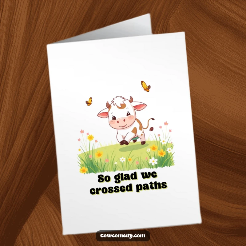 Funny Free Printable Thank You Card: A playful cow chasing a butterfly through a meadow, a scene of pure joy.