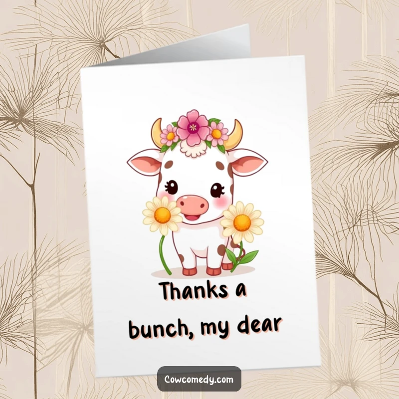 Funny Free Printable Thank You Card: Kawaii cow with a flower crown, happily munching on a big daisy.