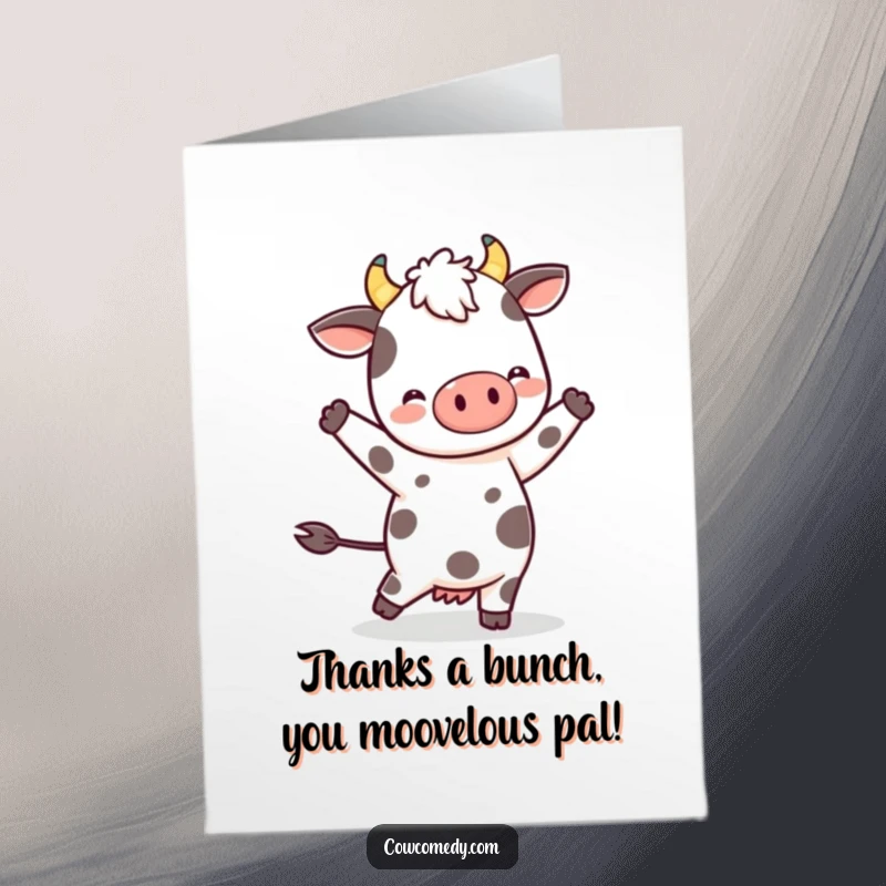 Funny Free Printable Thank You card showing a kawaii spotted cow dancing joyfully, expressing heartfelt gratitude.