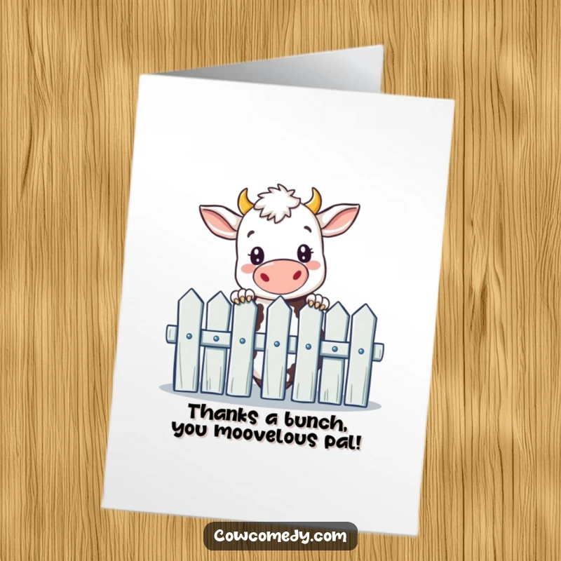 Funny Free Printable Thank You Card: A curious cow peeking over a fence, offering thanks with a smile.
