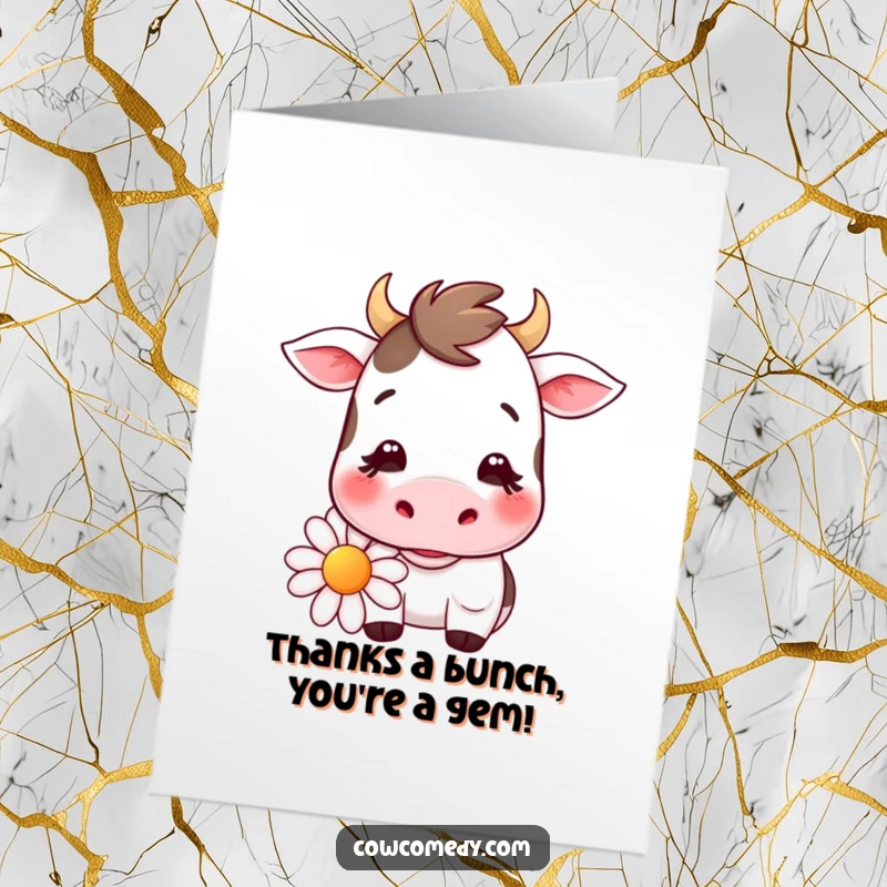 Funny Free Printable Kawaii Cow Thank You Card, smiling gently, chewing a daisy, expressing sincere gratitude.
